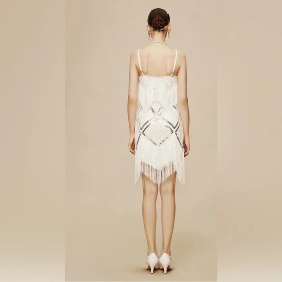 MWT BABEYOND Women's Beaded Sequin V -Neck Mini Slip Dress Size S White - Picture 3 of 5